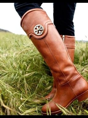 Tory Burch Selma Cognac Pebbled Leather Knee High Riding Boots Women Size 6